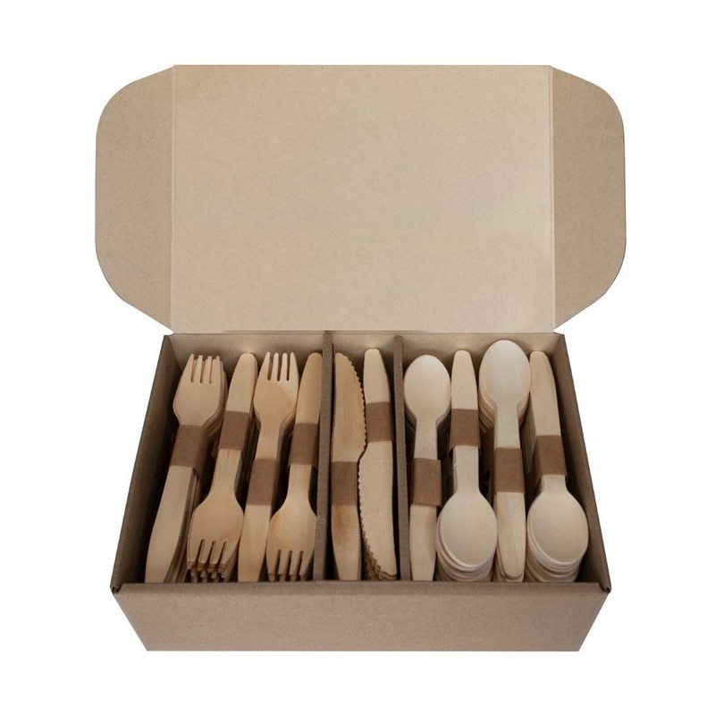 100% Birch Wood Disposable Cutlery Set Display Box Includes Forks Spoons and Knives