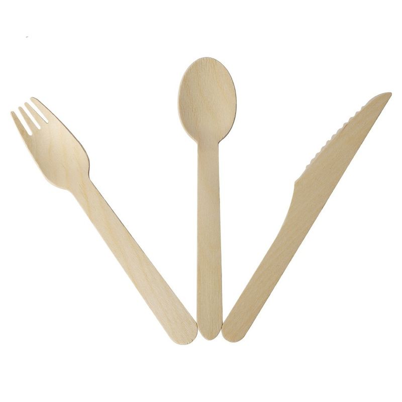 100% Birch Wood Disposable Cutlery Set Display Box Includes Forks Spoons and Knives