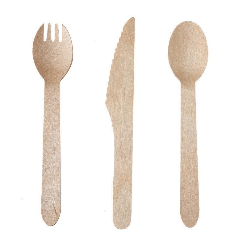 100% Birch Wood Disposable Cutlery Set Display Box Includes Forks Spoons and Knives