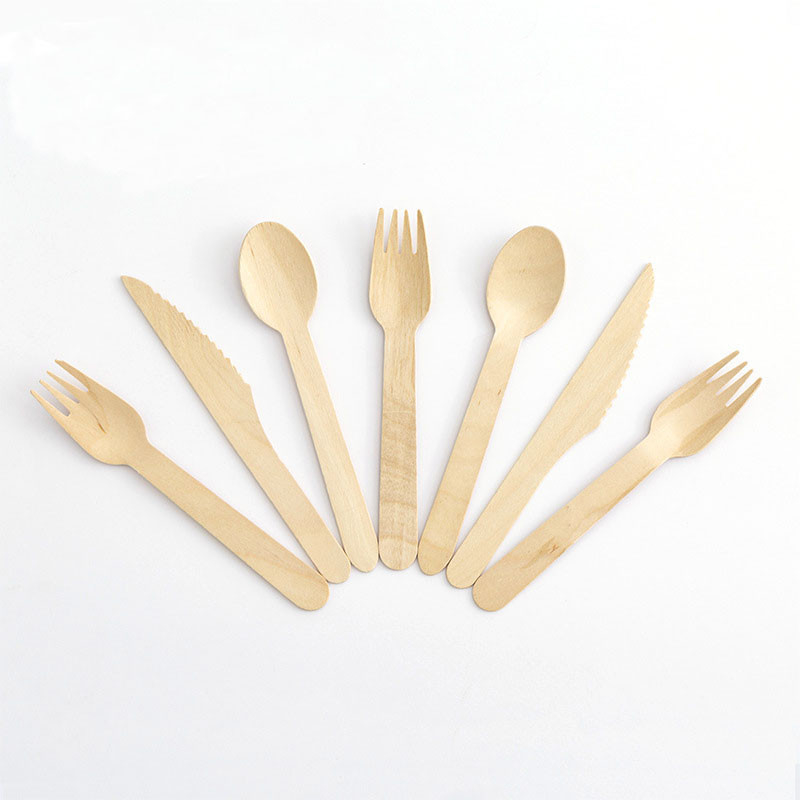 100% Birch Wood Disposable Cutlery Set Display Box Includes Forks Spoons and Knives